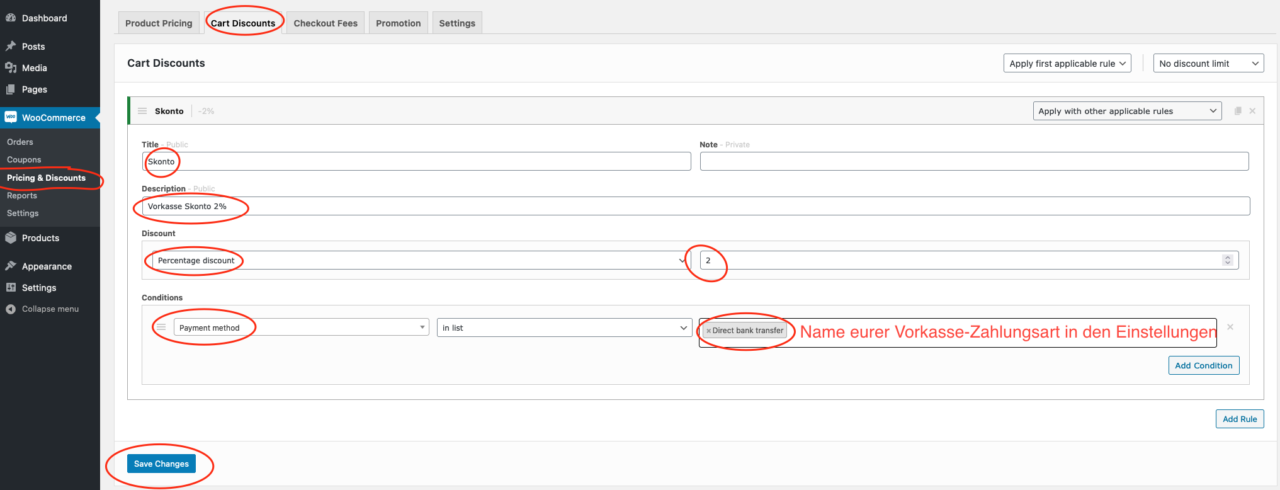 Einstellung Regeln Plugin Vorkasserabatt Skonto Woocommerce
