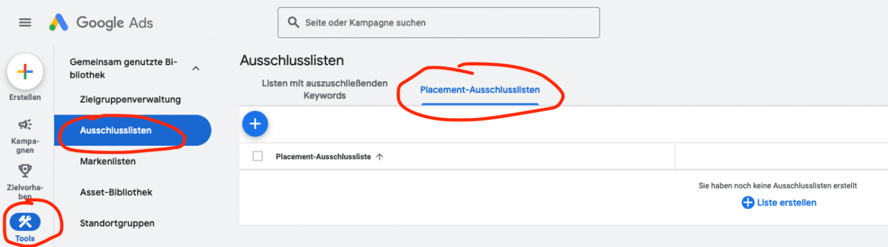 Google Ads Placement Ausschluss Liste Global Zentral Display Netzwerk