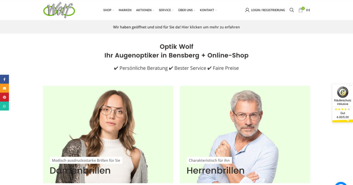 Optik Wolf Bensberg Wordpress Woocommerce Optiker Webseite Online Shop Brillenanprobe